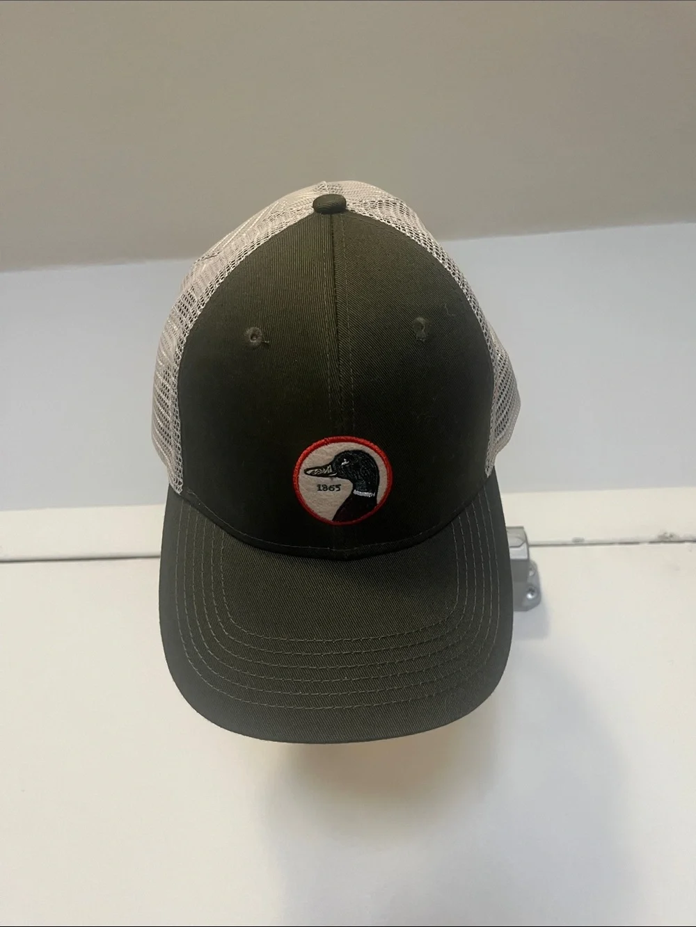 Duck Head Olive Green and White Mesh Trucker Hat with Duck Patch